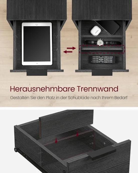 FurnStar - Bijzettafel - set van 2 - nachtkastje met stekkerdoos - 2 laden - banktafel - nachtkastje voor woonkamer - slaapkamer - zwart + houtnerf
