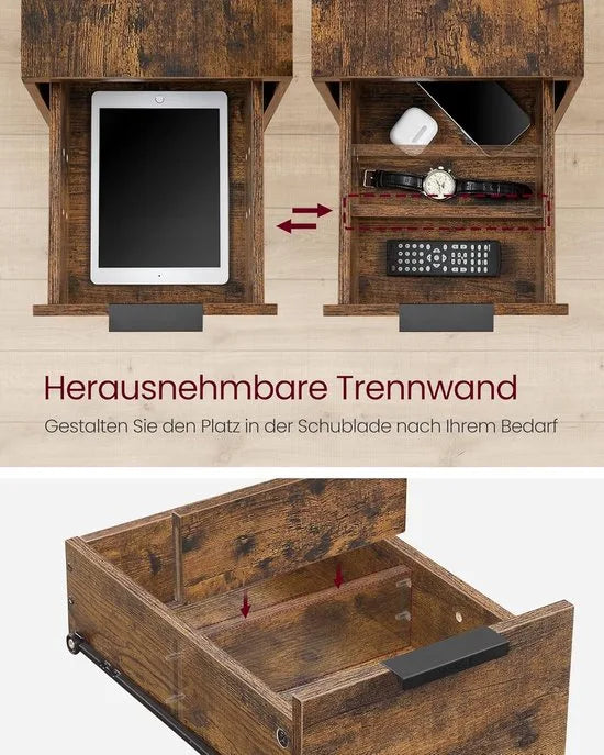 FurnStar - Bijzettafel - set van 2 - nachtkastje met stekkerdoos - 2 laden - banktafel - nachtkastje voor woonkamer - slaapkamer - vintage bruin + inktzwart