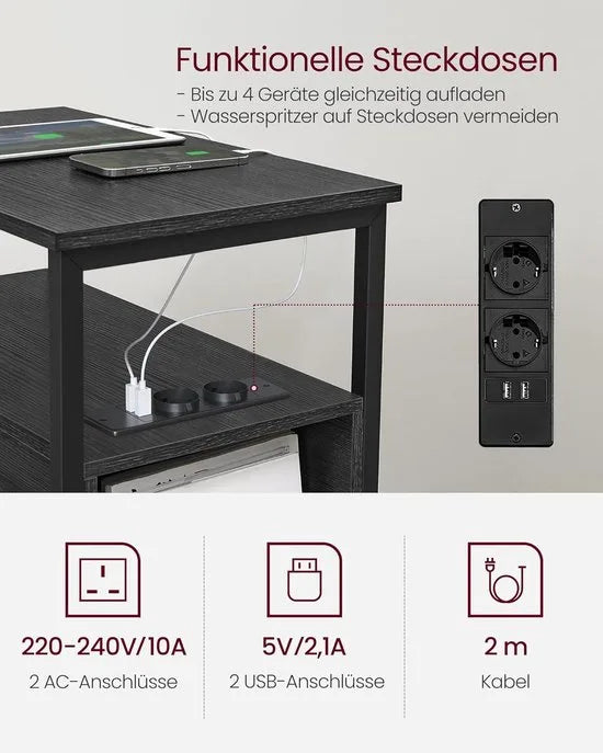 FurnStar - Bijzettafel - set van 2 - nachtkastje met stekkerdoos - 2 laden - banktafel - nachtkastje voor woonkamer - slaapkamer - zwart + houtnerf