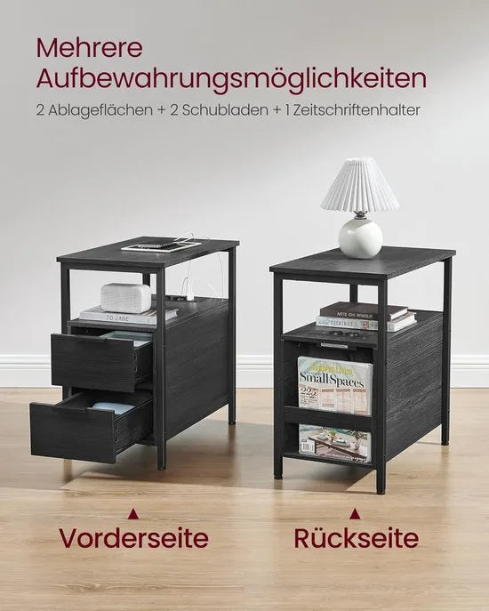 FurnStar - Bijzettafel - set van 2 - nachtkastje met stekkerdoos - 2 laden - banktafel - nachtkastje voor woonkamer - slaapkamer - zwart + houtnerf