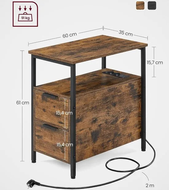 FurnStar - Bijzettafel - set van 2 - nachtkastje met stekkerdoos - 2 laden - banktafel - nachtkastje voor woonkamer - slaapkamer - vintage bruin + inktzwart
