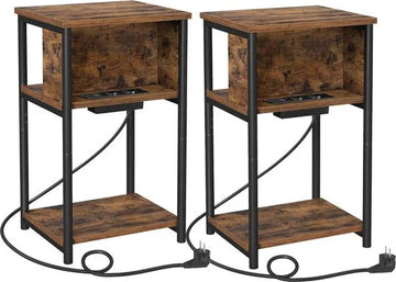 FurnStar - Bijzettafel - Set van 2 - Nachtkastje met stopcontact - Klein - 2 AC-aansluitingen - 2 USB-poorten - 30 x 34 x 58 cm - Voor woonkamer - Slaapkamer - Vintage bruin-Zwart