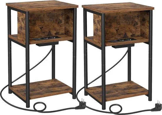 FurnStar - Bijzettafel - Set van 2 - Nachtkastje met stopcontact - Klein - 2 AC-aansluitingen - 2 USB-poorten - 30 x 34 x 58 cm - Voor woonkamer - Slaapkamer - Vintage bruin-Zwart