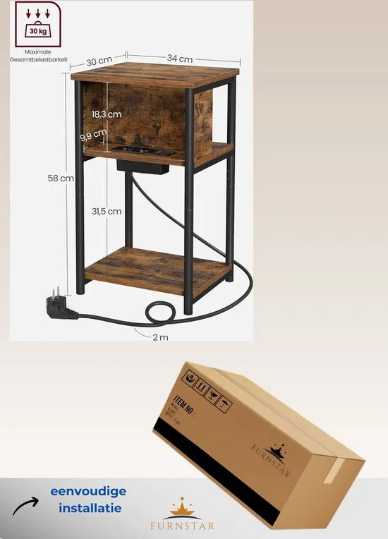 FurnStar - Bijzettafel - Set van 2 - Nachtkastje met stopcontact - Klein - 2 AC-aansluitingen - 2 USB-poorten - 30 x 34 x 58 cm - Voor woonkamer - Slaapkamer - Vintage bruin-Zwart