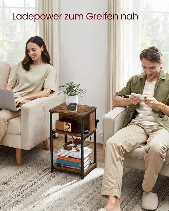 FurnStar - Bijzettafel - Set van 2 - Nachtkastje met stopcontact - Klein - 2 AC-aansluitingen - 2 USB-poorten - 30 x 34 x 58 cm - Voor woonkamer - Slaapkamer - Vintage bruin-Zwart