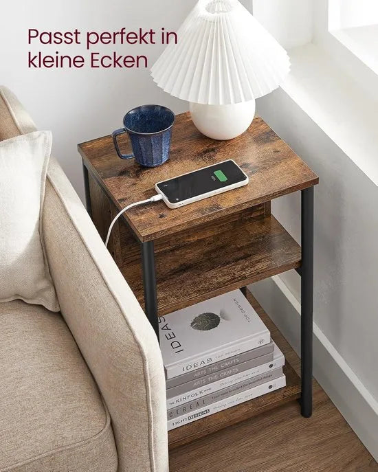 FurnStar - Bijzettafel - Set van 2 - Nachtkastje met stopcontact - Klein - 2 AC-aansluitingen - 2 USB-poorten - 30 x 34 x 58 cm - Voor woonkamer - Slaapkamer - Vintage bruin-Zwart
