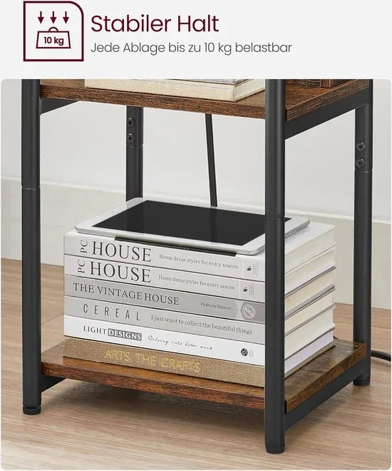 FurnStar - Bijzettafel - Set van 2 - Nachtkastje met stopcontact - Klein - 2 AC-aansluitingen - 2 USB-poorten - 30 x 34 x 58 cm - Voor woonkamer - Slaapkamer - Vintage bruin-Zwart