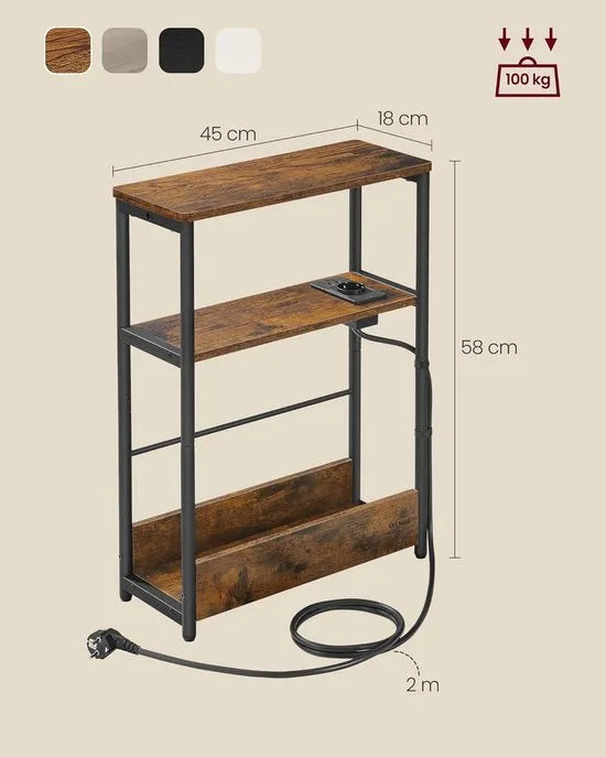 FurnStar – Bijzettafel smal met oplaadfunctie – Nachtkastje – 3 planken & tijdschriftenhouder – Stalen frame – 18 x 45 x 58 cm – Vintage bruin-zwart