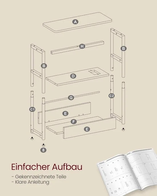 FurnStar – Bijzettafel smal met oplaadfunctie – Nachtkastje – 3 planken & tijdschriftenhouder – Stalen frame – 18 x 45 x 58 cm – Vintage bruin-zwart