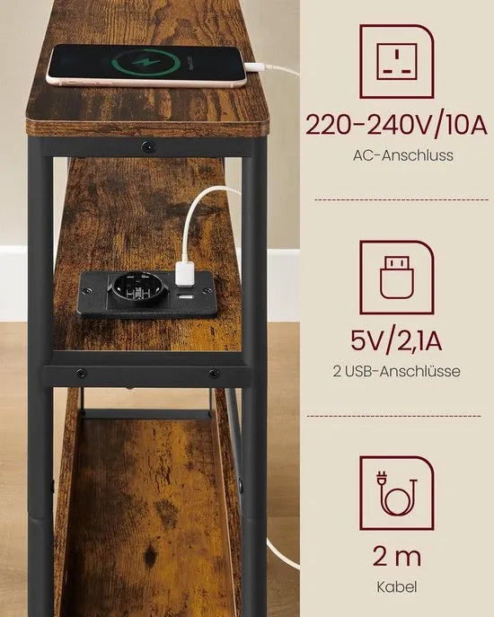 FurnStar – Bijzettafel smal met oplaadfunctie – Nachtkastje – 3 planken & tijdschriftenhouder – Stalen frame – 18 x 45 x 58 cm – Vintage bruin-zwart