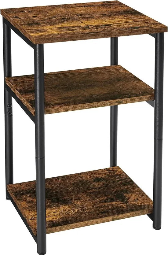 FurnStar - Bijzettafel - Tafel met 2 Opbergplanken - Slimme Hoge Tafel - Stalen Frame - Voor Woonkamer en Slaapkamer - Industrieel - 34x30x58cm - Bruin-Zwart - LET273B01