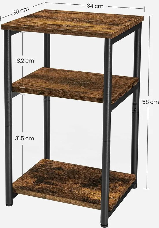 FurnStar - Bijzettafel - Tafel met 2 Opbergplanken - Slimme Hoge Tafel - Stalen Frame - Voor Woonkamer en Slaapkamer - Industrieel - 34x30x58cm - Bruin-Zwart - LET273B01