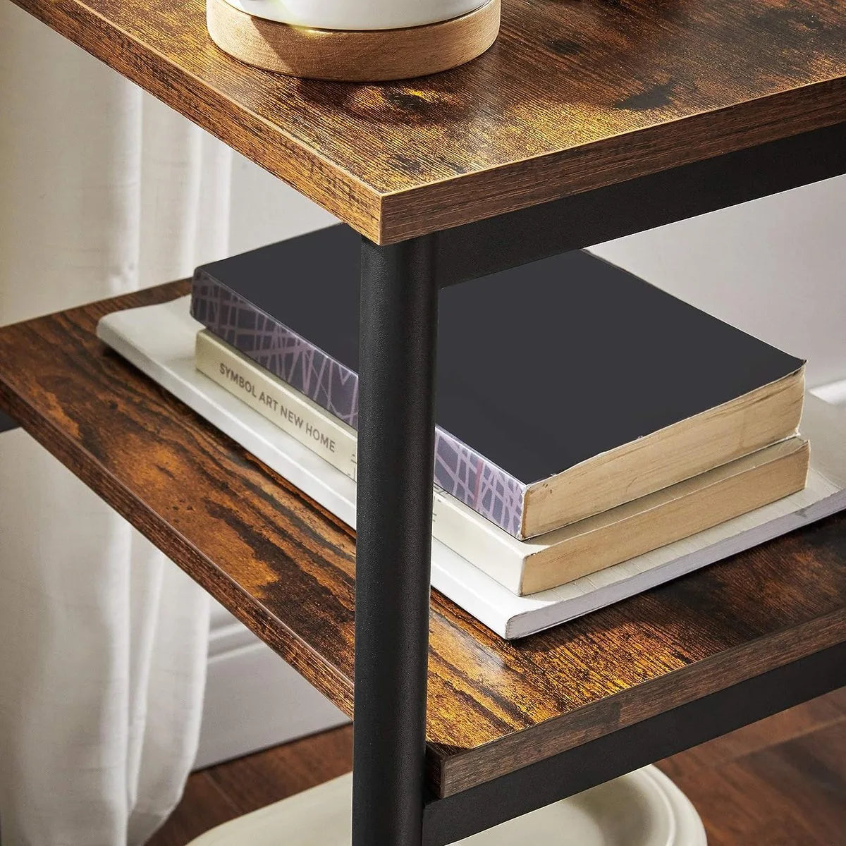 FurnStar - Bijzettafel - Tafel met 2 Opbergplanken - Slimme Hoge Tafel - Stalen Frame - Voor Woonkamer en Slaapkamer - Industrieel - 34x30x58cm - Bruin-Zwart - LET273B01
