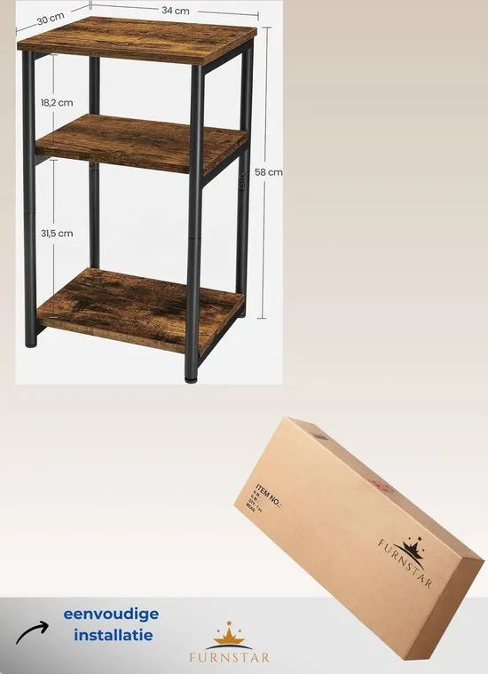 FurnStar - Bijzettafel - Tafel met 2 Opbergplanken - Slimme Hoge Tafel - Stalen Frame - Voor Woonkamer en Slaapkamer - Industrieel - 34x30x58cm - Bruin-Zwart - LET273B01