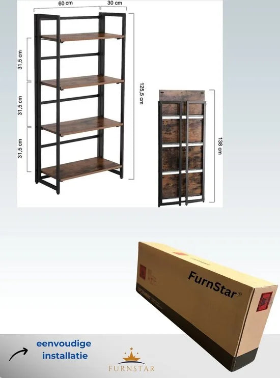 FurnStar - Boekenkast - 4 Planken - 60.5x30.8x125cm - Bruin