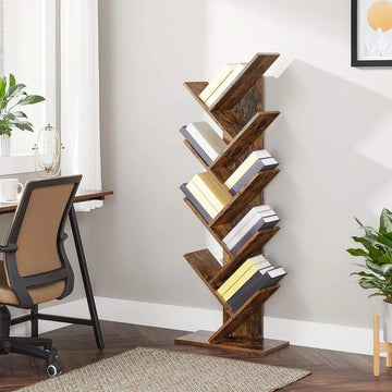 FurnStar - Boekenkast - Boomboekenkast - Boekenkast met 8 Niveaus - Ruimtebesparend Hoekrek - Met Planken - Voor Slaapkamer, Woonkamer, Kantoor - Rustiek Bruin - 50 x 25 x 141.5 cm
