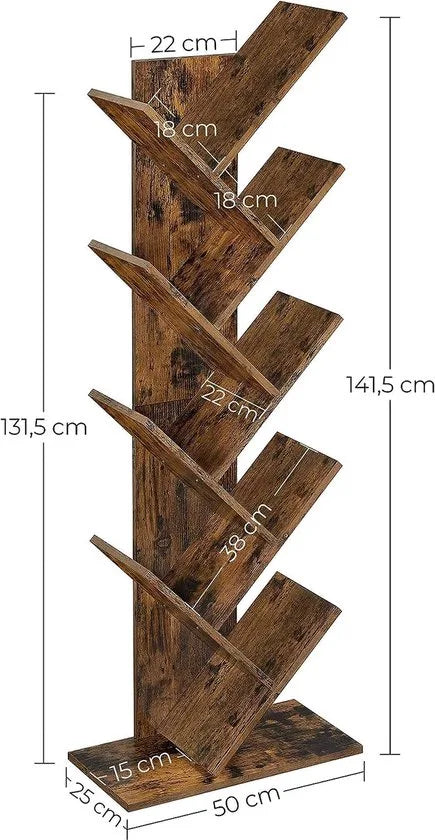 FurnStar - Boekenkast - Boomboekenkast - Boekenkast met 8 Niveaus - Ruimtebesparend Hoekrek - Met Planken - Voor Slaapkamer, Woonkamer, Kantoor - Rustiek Bruin - 50 x 25 x 141.5 cm