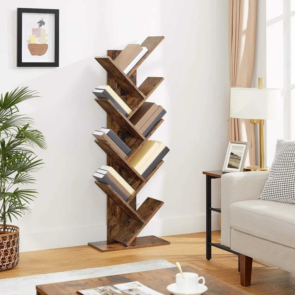 FurnStar - Boekenkast - Boomboekenkast - Boekenkast met 8 Niveaus - Ruimtebesparend Hoekrek - Met Planken - Voor Slaapkamer, Woonkamer, Kantoor - Rustiek Bruin - 50 x 25 x 141.5 cm