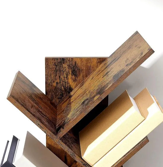 FurnStar - Boekenkast - Boomboekenkast - Boekenkast met 8 Niveaus - Ruimtebesparend Hoekrek - Met Planken - Voor Slaapkamer, Woonkamer, Kantoor - Rustiek Bruin - 50 x 25 x 141.5 cm