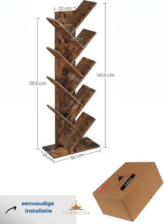 FurnStar - Boekenkast - Boomboekenkast - Boekenkast met 8 Niveaus - Ruimtebesparend Hoekrek - Met Planken - Voor Slaapkamer, Woonkamer, Kantoor - Rustiek Bruin - 50 x 25 x 141.5 cm