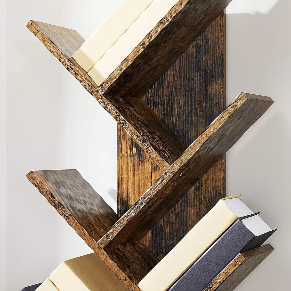 FurnStar - Boekenkast - Boomboekenkast - Boekenkast met 8 Niveaus - Ruimtebesparend Hoekrek - Met Planken - Voor Slaapkamer, Woonkamer, Kantoor - Rustiek Bruin - 50 x 25 x 141.5 cm