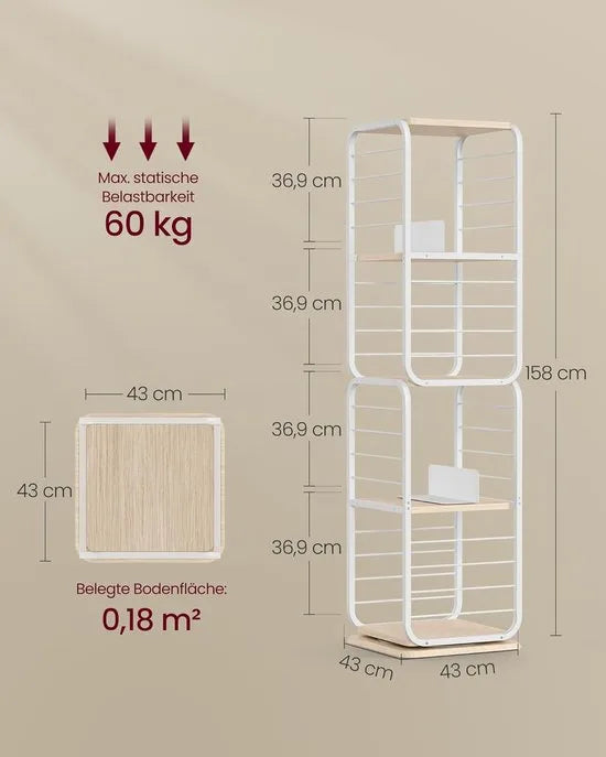 Furnstar Boekenkast – Draaibaar Rek met 4 Niveaus & Boekensteunen – Hoekrek voor Kleine Ruimtes – Stalen Frame – Beige-Wolkewit LLS127W67