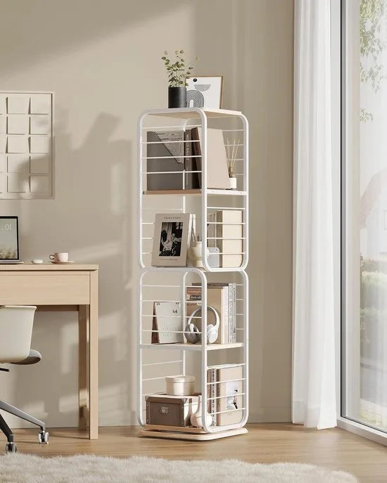 Furnstar Boekenkast – Draaibaar Rek met 4 Niveaus & Boekensteunen – Hoekrek voor Kleine Ruimtes – Stalen Frame – Beige-Wolkewit LLS127W67