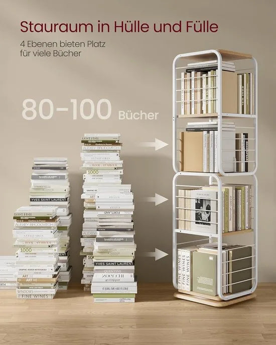 Furnstar Boekenkast – Draaibaar Rek met 4 Niveaus & Boekensteunen – Hoekrek voor Kleine Ruimtes – Stalen Frame – Beige-Wolkewit LLS127W67
