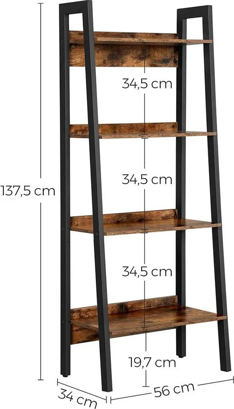 FurnStar - Boekenkast met 4 Niveaus - Opbergkast op Voet - Voor Kantoor - Woonkamer - Slaapkamer - Keuken - Industriële Stijl - Rustiek Bruin en Zwart