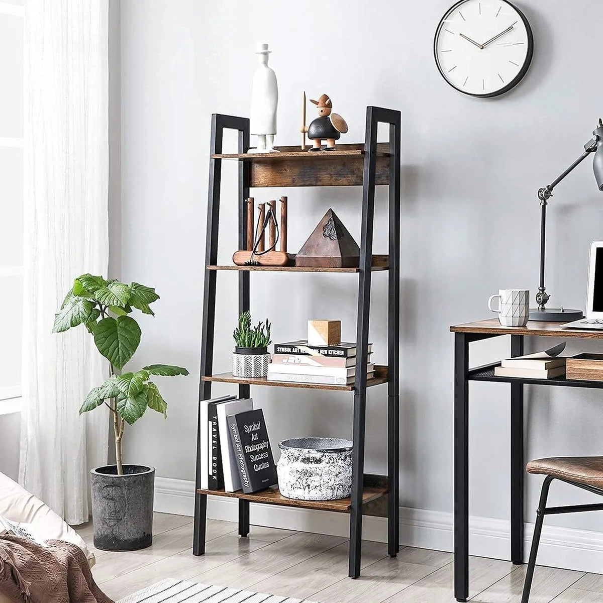 FurnStar - Boekenkast met 4 Niveaus - Opbergkast op Voet - Voor Kantoor - Woonkamer - Slaapkamer - Keuken - Industriële Stijl - Rustiek Bruin en Zwart