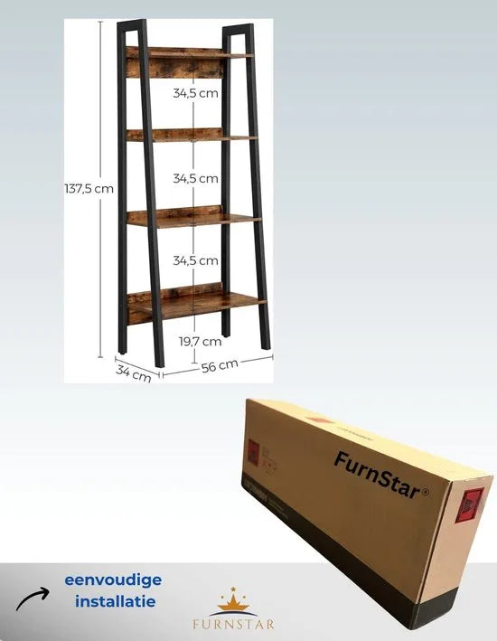 FurnStar - Boekenkast met 4 Niveaus - Opbergkast op Voet - Voor Kantoor - Woonkamer - Slaapkamer - Keuken - Industriële Stijl - Rustiek Bruin en Zwart