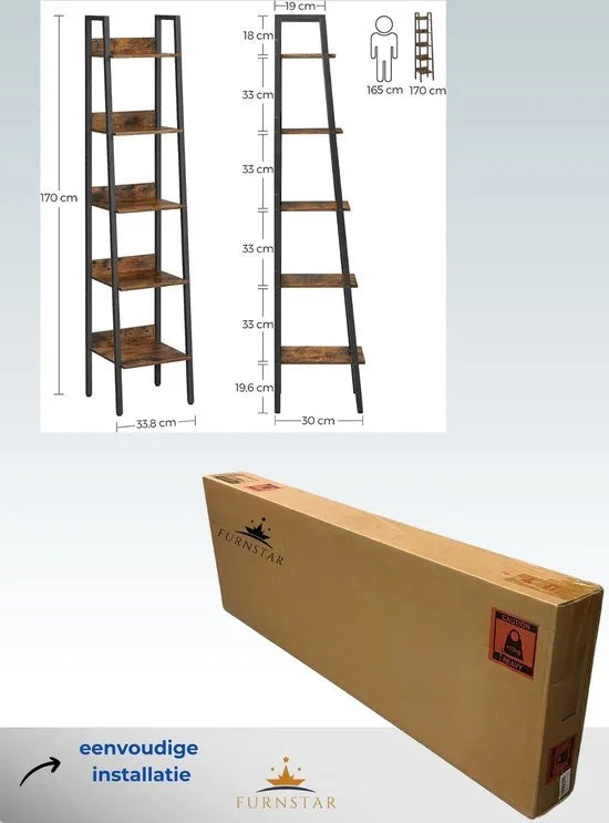 FurnStar - Boekenkast met 5 planken - 33.8x30x170cm - Bruin