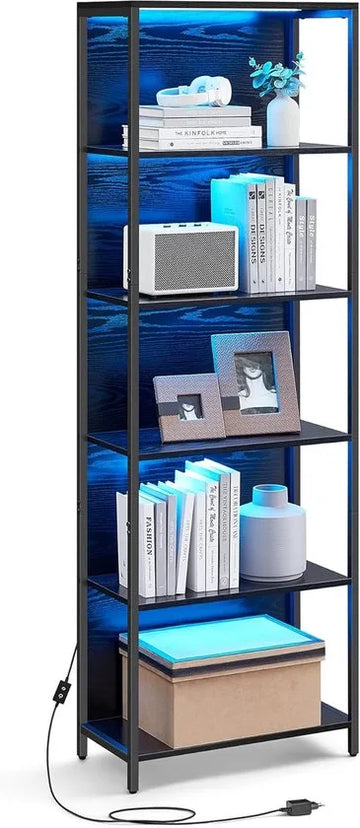 Furnstar - Boekenkast met 6 niveaus - Staand rek met verstelbare ledverlichting - Rek met stalen frame - 30,3 x 60 x 178,6 cm - Voor woonkamer slaapkamer werkkamer - Ebbenzwart