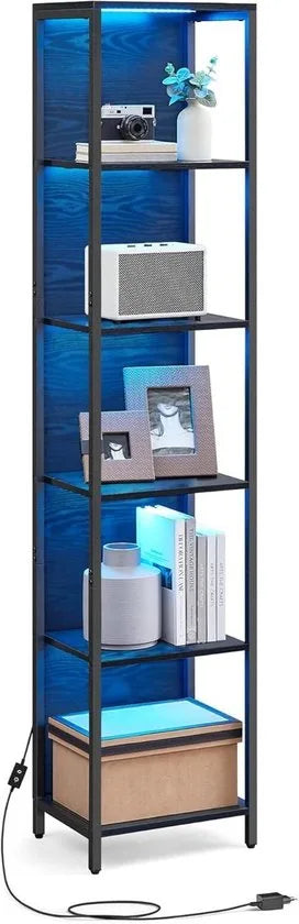 Furnstar - Boekenkast met 6 niveaus - Staand rek met verstelbare ledverlichting - Rek met stalen frame - 30,3 x 40 x 178,6 cm - Voor woonkamer Slaapkamer Werkkamer - Ebbenzwart - LLS121B57