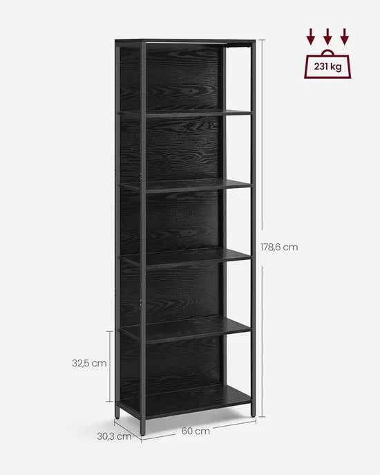 Furnstar - Boekenkast met 6 niveaus - Staand rek met verstelbare ledverlichting - Rek met stalen frame - 30,3 x 60 x 178,6 cm - Voor woonkamer slaapkamer werkkamer - Ebbenzwart
