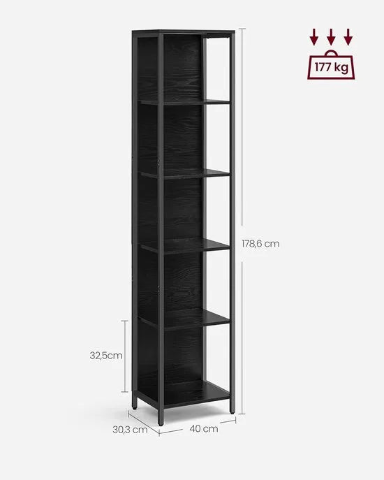 Furnstar - Boekenkast met 6 niveaus - Staand rek met verstelbare ledverlichting - Rek met stalen frame - 30,3 x 40 x 178,6 cm - Voor woonkamer Slaapkamer Werkkamer - Ebbenzwart - LLS121B57