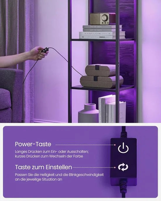 Furnstar - Boekenkast met 6 niveaus - Staand rek met verstelbare ledverlichting - Rek met stalen frame - 30,3 x 40 x 178,6 cm - Voor woonkamer Slaapkamer Werkkamer - Ebbenzwart - LLS121B57