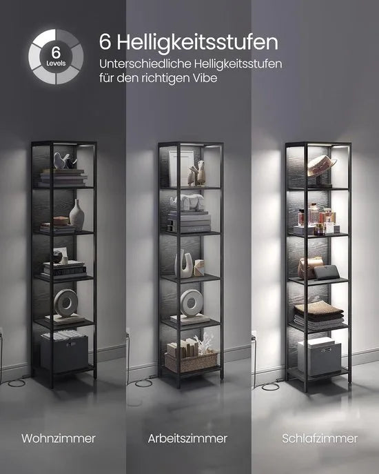 Furnstar - Boekenkast met 6 niveaus - Staand rek met verstelbare ledverlichting - Rek met stalen frame - 30,3 x 40 x 178,6 cm - Voor woonkamer Slaapkamer Werkkamer - Ebbenzwart - LLS121B57