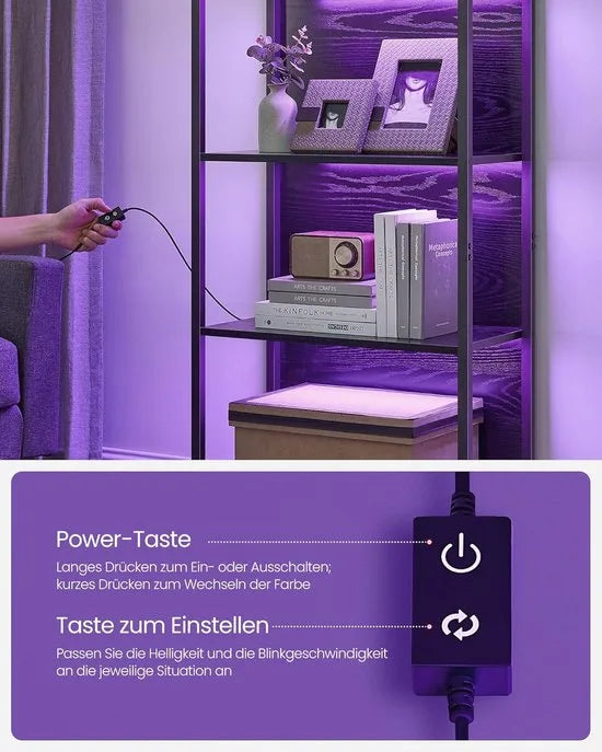 Furnstar - Boekenkast met 6 niveaus - Staand rek met verstelbare ledverlichting - Rek met stalen frame - 30,3 x 60 x 178,6 cm - Voor woonkamer slaapkamer werkkamer - Ebbenzwart