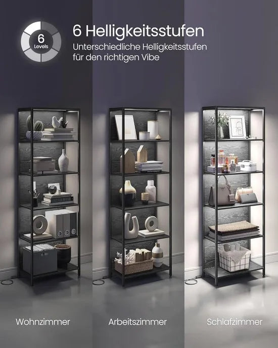 Furnstar - Boekenkast met 6 niveaus - Staand rek met verstelbare ledverlichting - Rek met stalen frame - 30,3 x 60 x 178,6 cm - Voor woonkamer slaapkamer werkkamer - Ebbenzwart