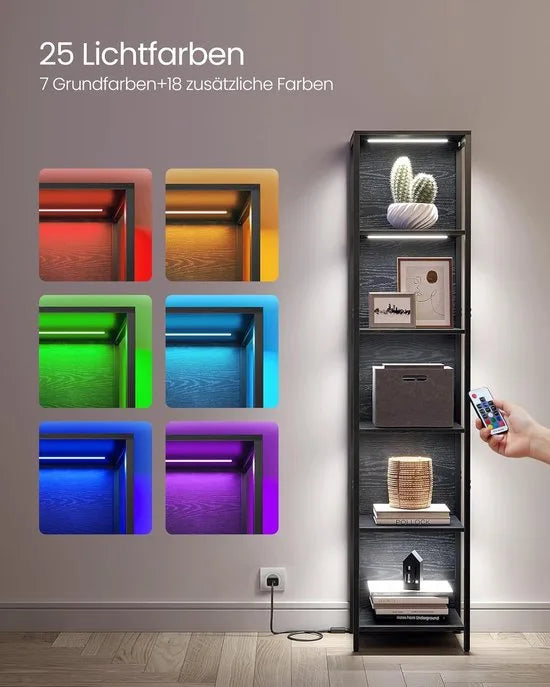 Furnstar - Boekenkast met 6 niveaus - Staand rek met verstelbare ledverlichting - Rek met stalen frame - 30,3 x 40 x 178,6 cm - Voor woonkamer Slaapkamer Werkkamer - Ebbenzwart - LLS121B57