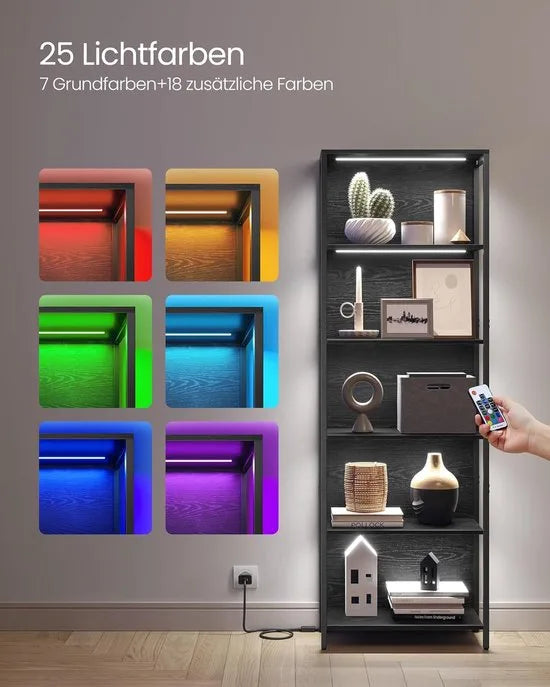 Furnstar - Boekenkast met 6 niveaus - Staand rek met verstelbare ledverlichting - Rek met stalen frame - 30,3 x 60 x 178,6 cm - Voor woonkamer slaapkamer werkkamer - Ebbenzwart