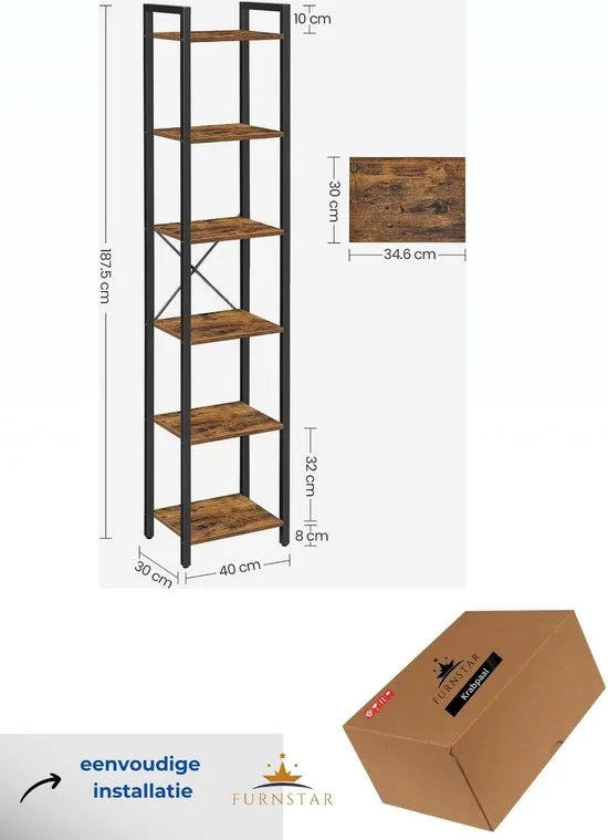FurnStar - Boekenkast met 6 vakken - 40x30x187.5 cm - Bruin