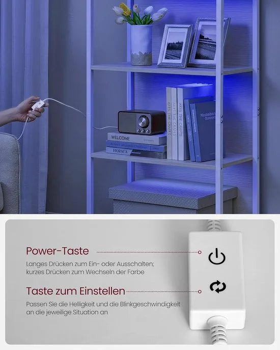 Furnstar Boekenkast met LED Verlichting – 6 Niveaus – Staand Opbergrek met Stalen Frame – Verstelbare LED Verlichting – 30,3 x 60 x 178,6 cm – Natuurlijk Beige – LLS120LL01
