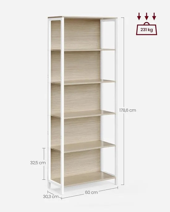 Furnstar Boekenkast met LED Verlichting – 6 Niveaus – Staand Opbergrek met Stalen Frame – Verstelbare LED Verlichting – 30,3 x 60 x 178,6 cm – Natuurlijk Beige – LLS120LL01
