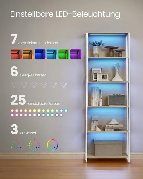 Furnstar Boekenkast met LED Verlichting – 6 Niveaus – Staand Opbergrek met Stalen Frame – Verstelbare LED Verlichting – 30,3 x 60 x 178,6 cm – Natuurlijk Beige – LLS120LL01