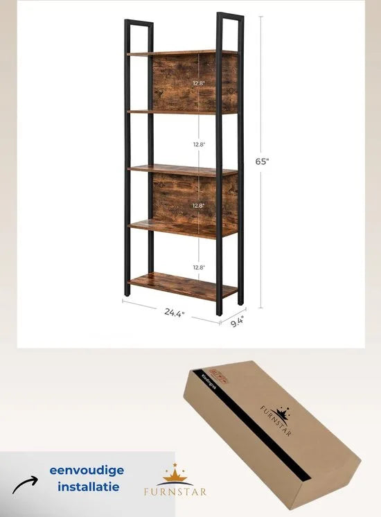 FurnStar - Boekenkast - Opbergplank - Keukenkast - 5 Niveaus - Stabiel Stalen Frame - Voor Kantoor, Entree, Woonkamer - Industriële Stijl - Rustiek Bruin en Zwart - 62 x 24 x 165 cm