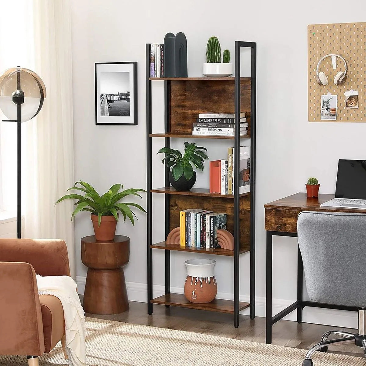 FurnStar - Boekenkast - Opbergplank - Keukenkast - 5 Niveaus - Stabiel Stalen Frame - Voor Kantoor, Entree, Woonkamer - Industriële Stijl - Rustiek Bruin en Zwart - 62 x 24 x 165 cm
