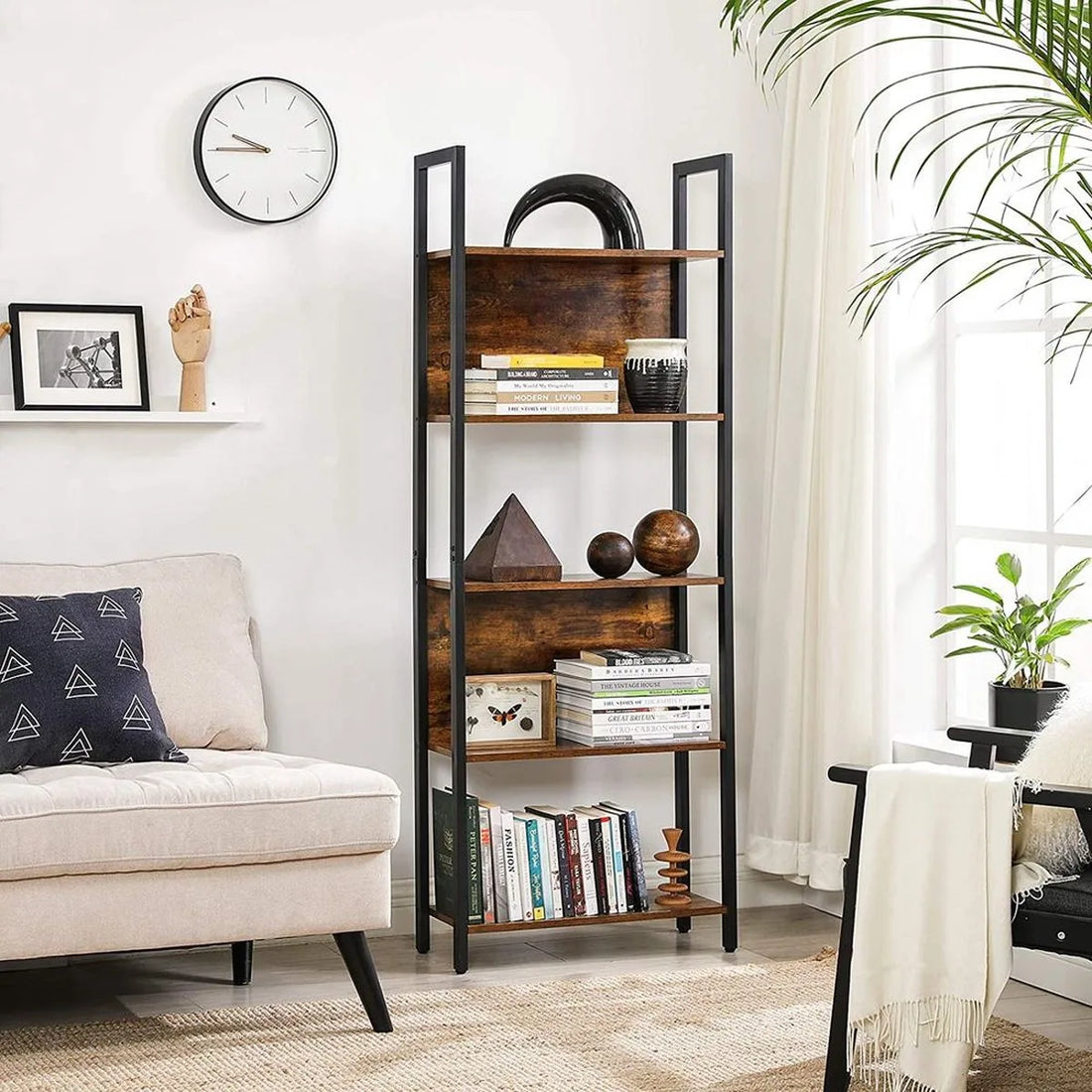 FurnStar - Boekenkast - Opbergplank - Keukenkast - 5 Niveaus - Stabiel Stalen Frame - Voor Kantoor, Entree, Woonkamer - Industriële Stijl - Rustiek Bruin en Zwart - 62 x 24 x 165 cm