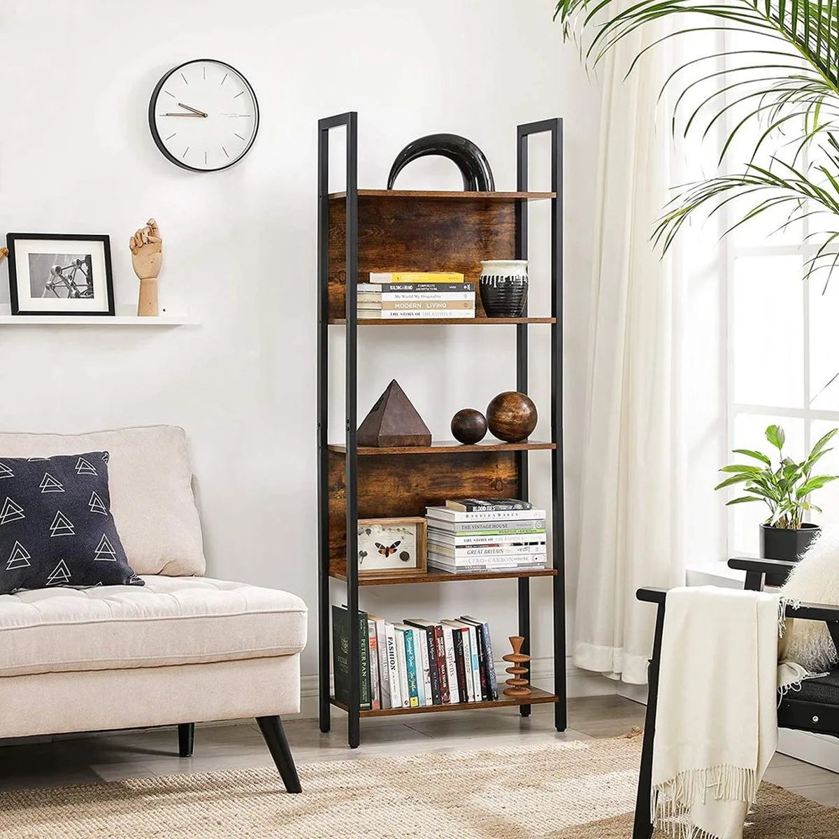 FurnStar - Boekenkast - Opbergplank - Keukenkast - 5 Niveaus - Stabiel Stalen Frame - Voor Kantoor, Entree, Woonkamer - Industriële Stijl - Rustiek Bruin en Zwart - 62 x 24 x 165 cm
